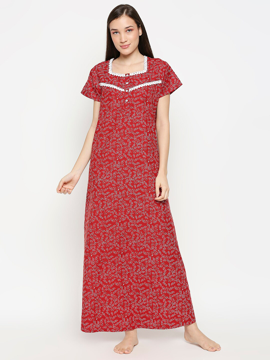 

XIN Women Red & White Paisley Printed Night Dress