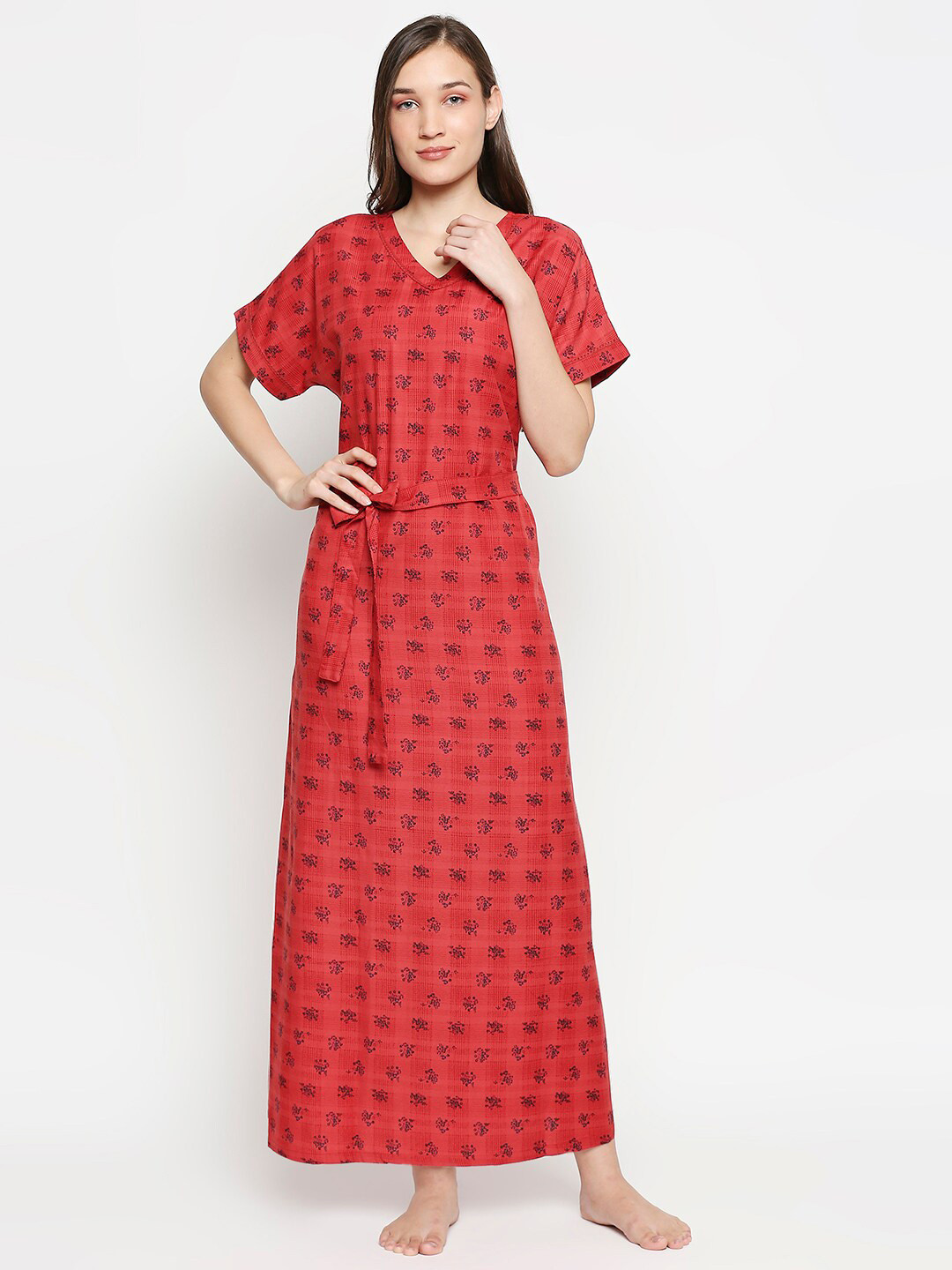 

XIN Women Red & Black Printed Maxi Nightdress
