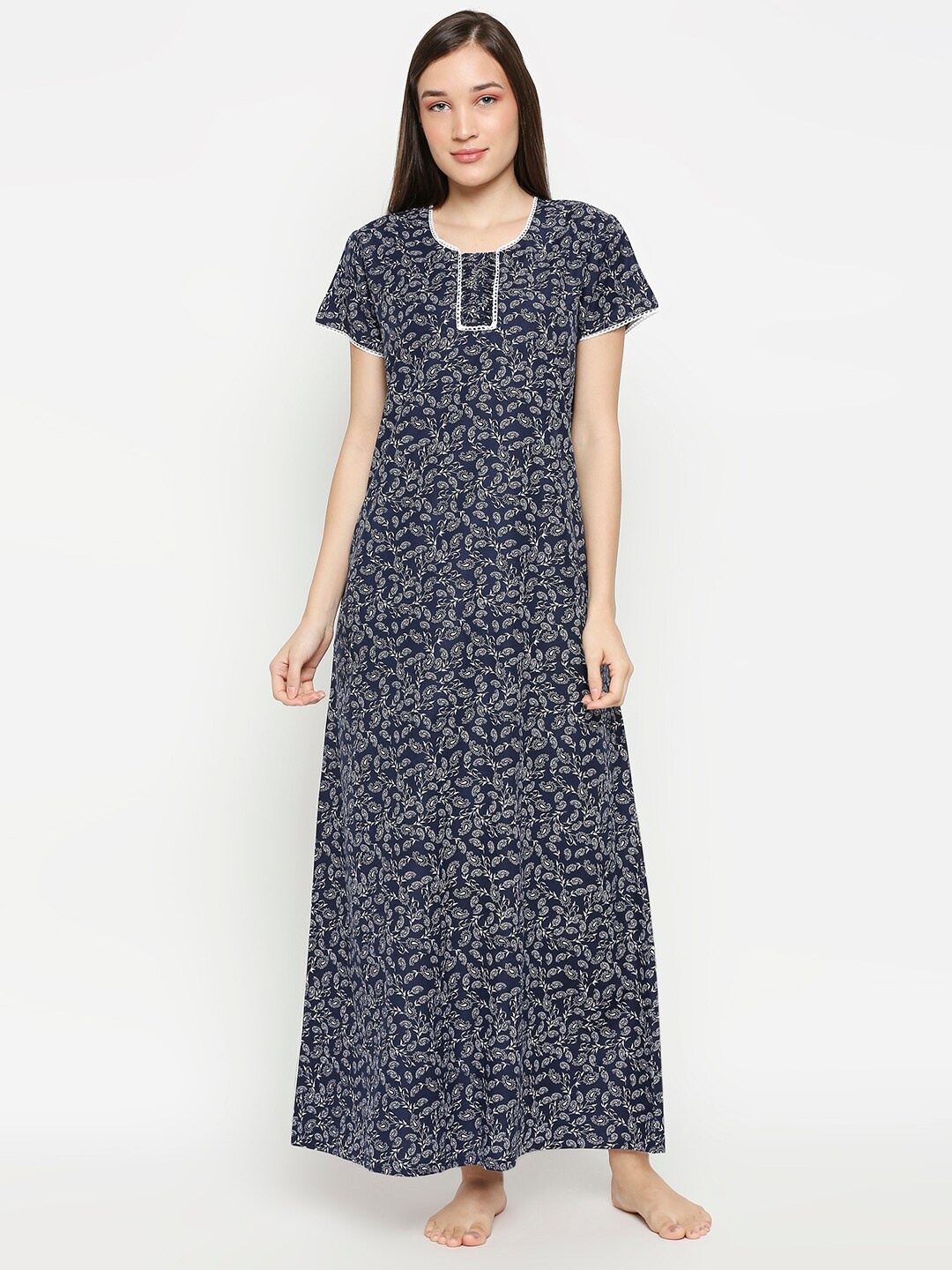 

XIN Women Navy Blue & White Paisley Printed Night Dress