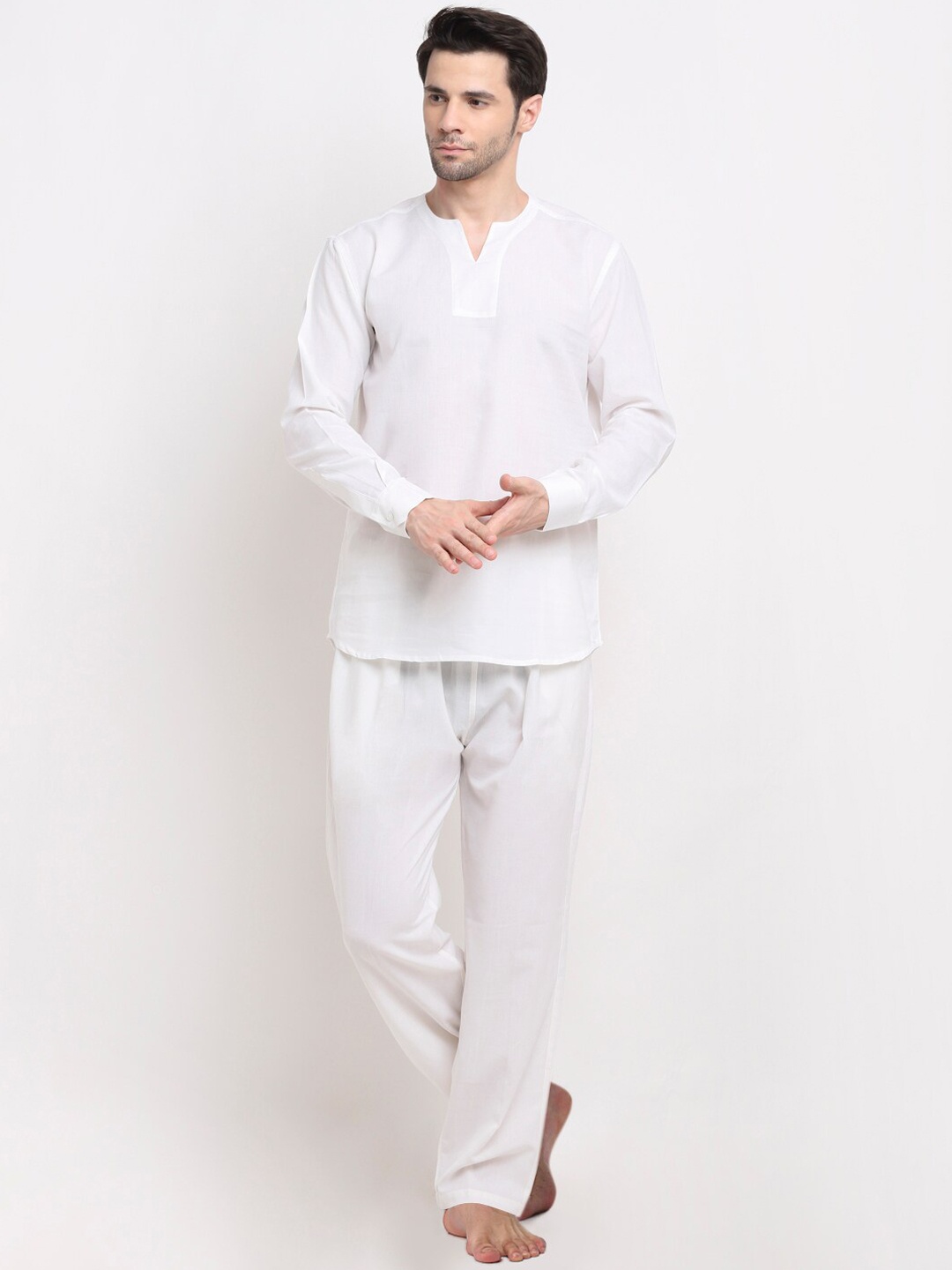 

NEUDIS Men White Solid Pure Cotton Night Suit