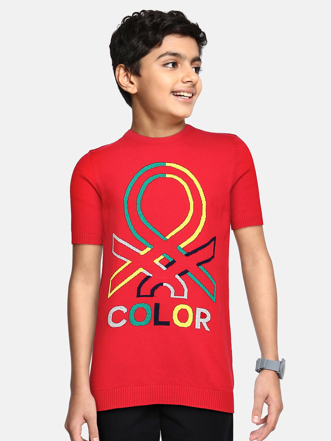 

United Colors of Benetton Boys Red Brand Logo Patterned Pure Cotton Pullover