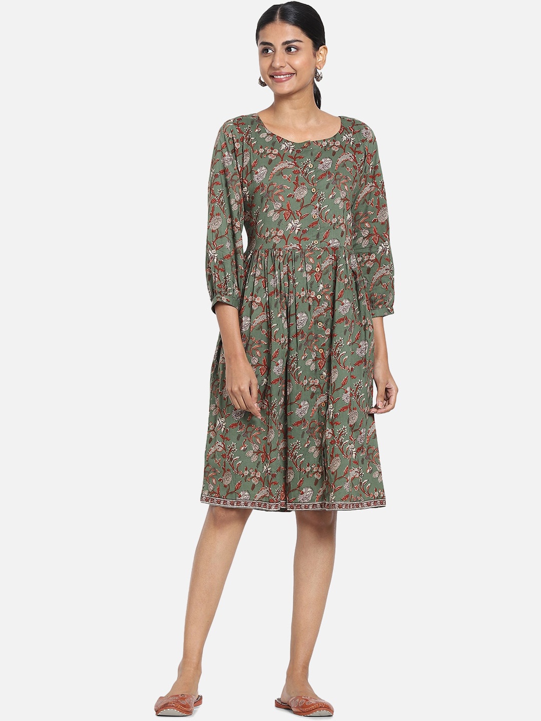

Bewakoof Women Green Floral Fit & Flare Dress