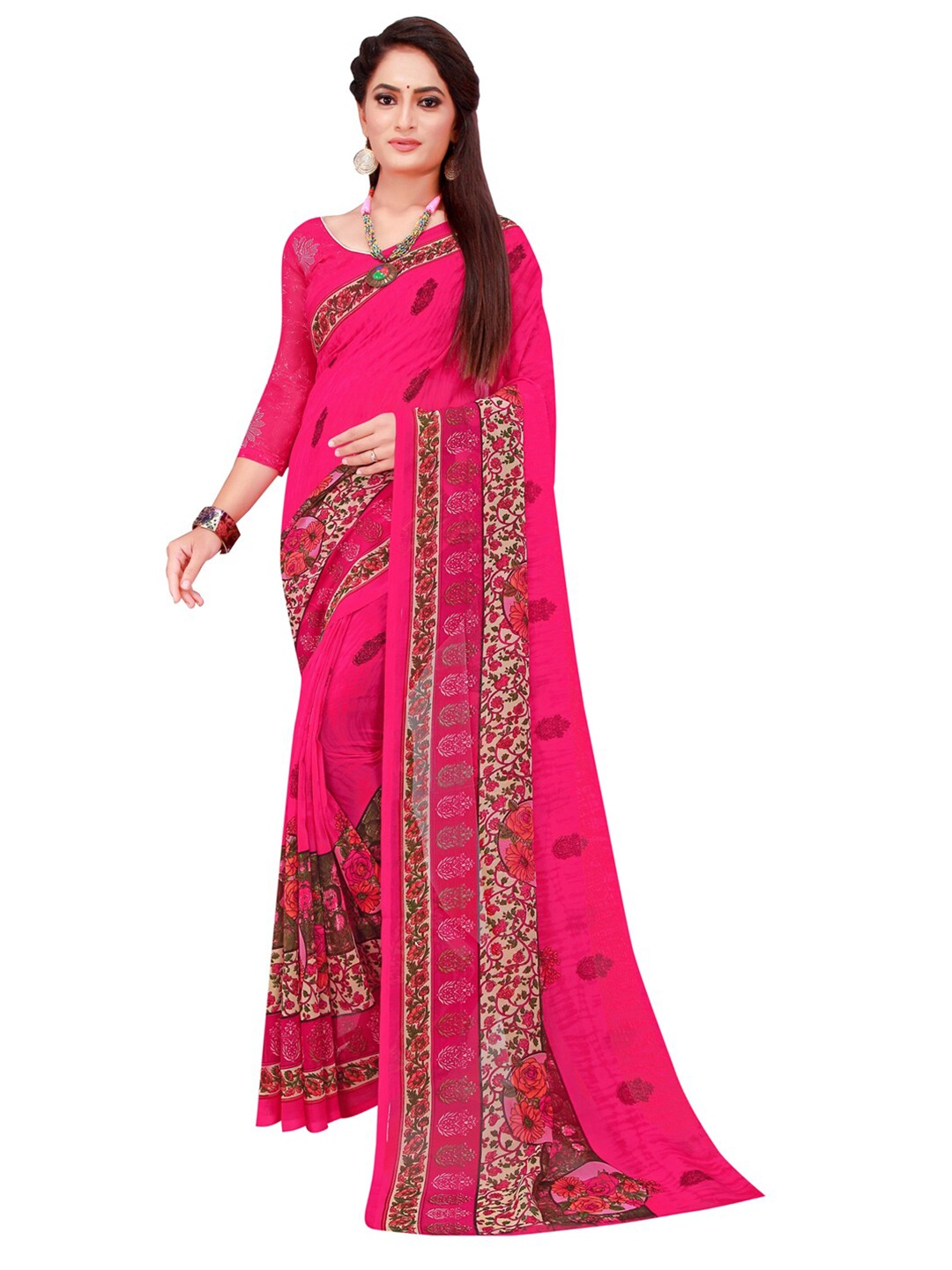 

KALINI Pink & Red Floral Block Print Saree