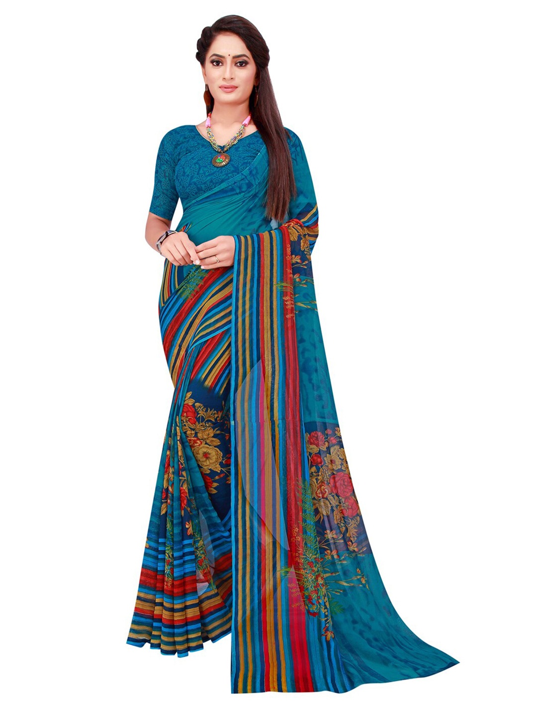 

KALINI Blue & Red Floral Printed Saree