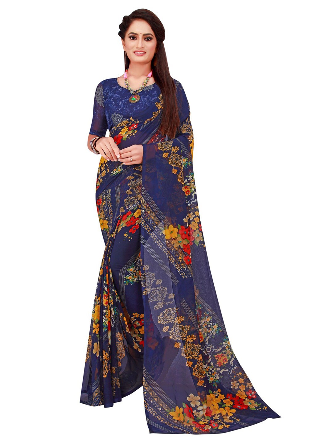 

KALINI Navy Blue & Red Floral Printed Saree