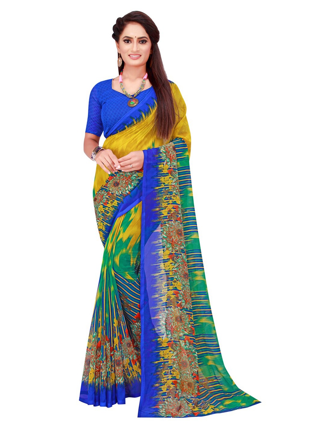 

KALINI Blue & Yellow Floral Saree