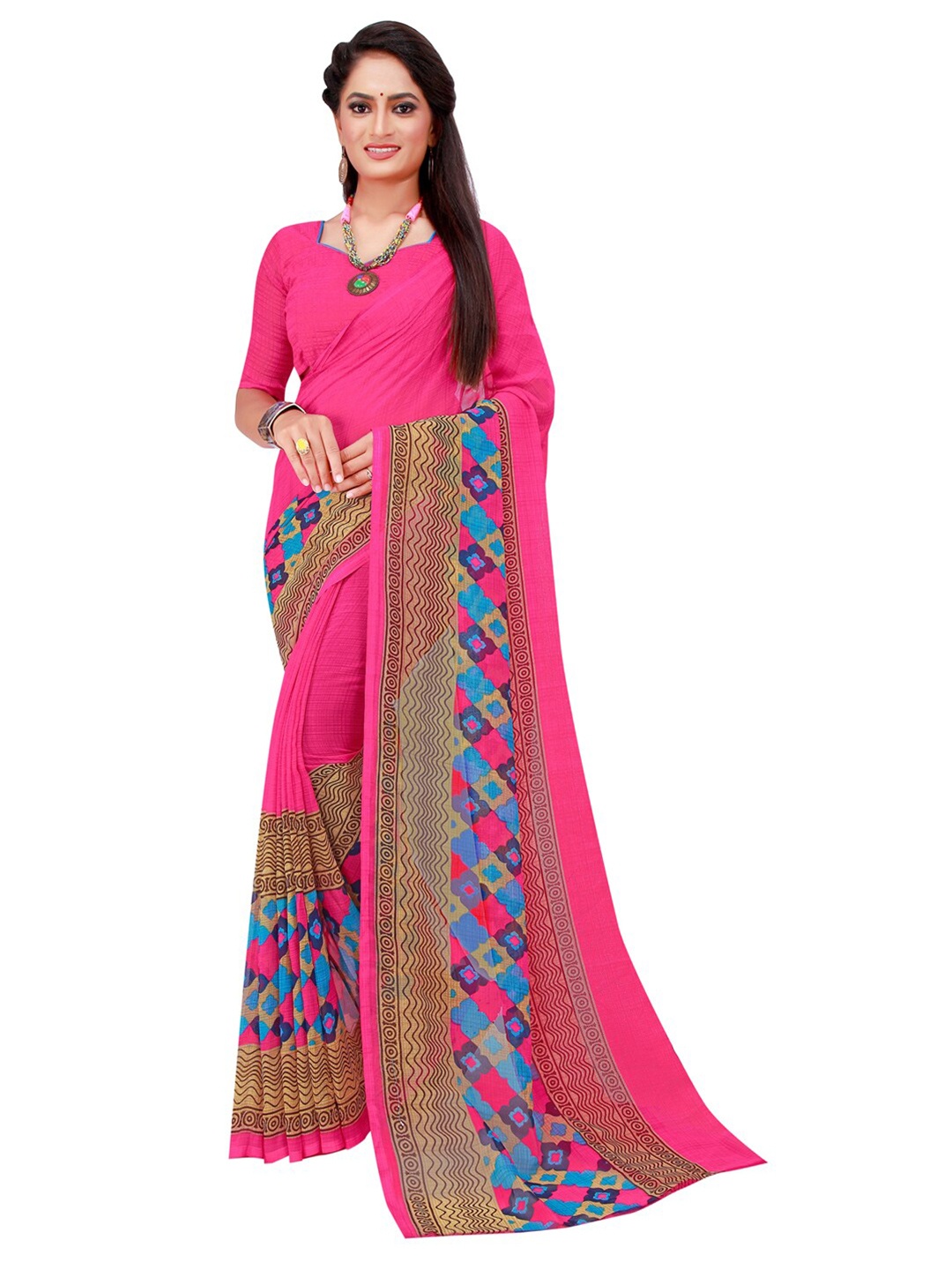 

KALINI Women Pink Georgette Geometric Printed Saree