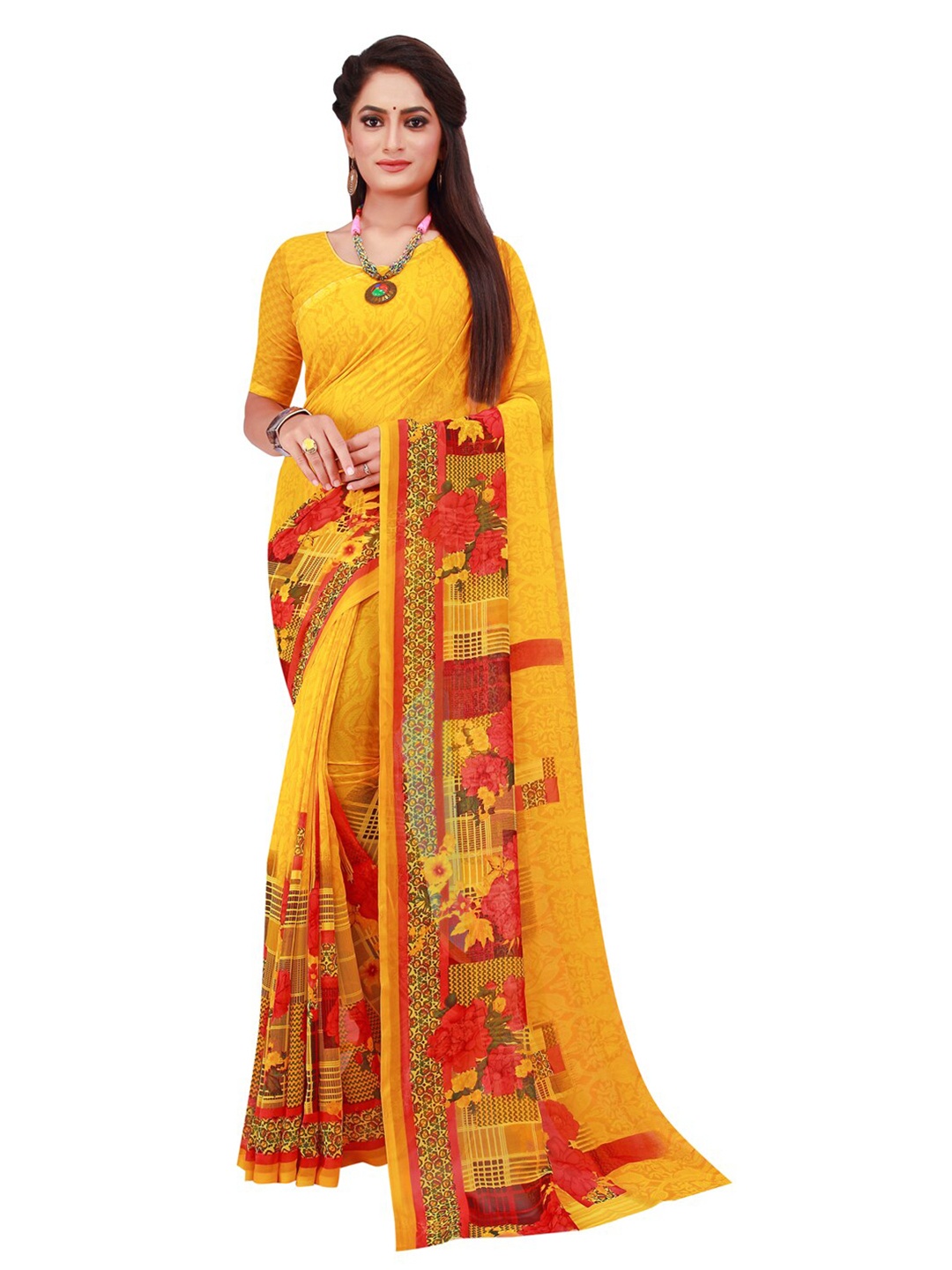 

KALINI Women Yellow Georgette Floral Printed Saree