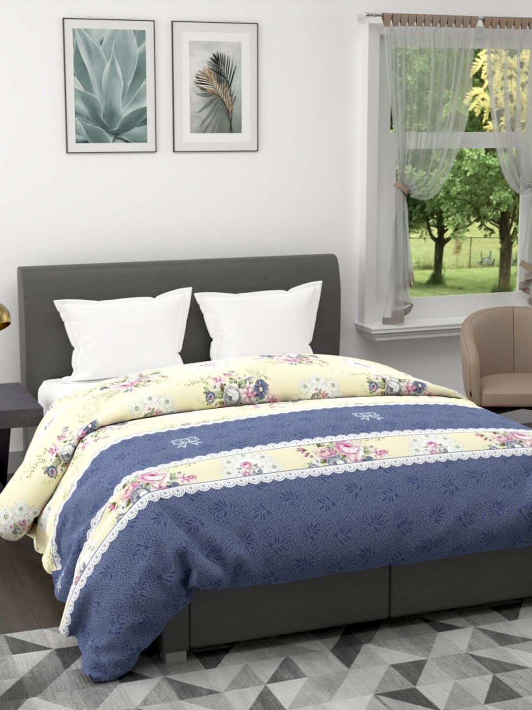

BIANCA Blue & Cream-Coloured Floral Microfiber AC Room 120 GSM Double Bed Quilt
