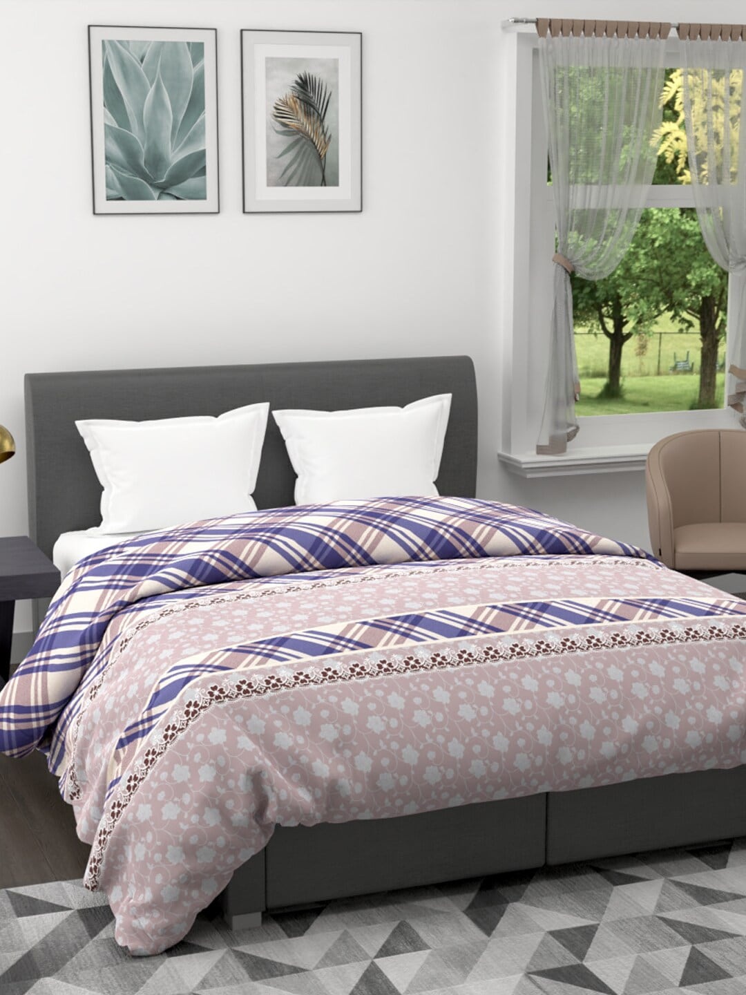 

BIANCA Multicolour Checked AC Room 120 GSM Double Bed Quilt, Beige