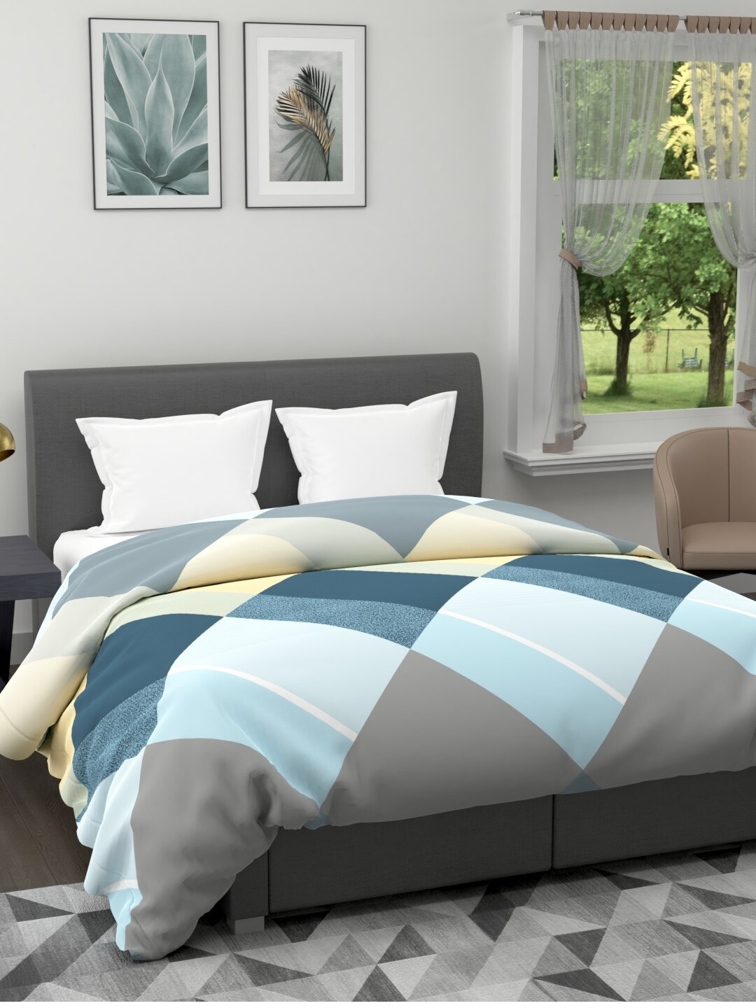 

BIANCA Grey & Blue Geometric Microfiber AC Room 120 GSM Double Bed Quilt