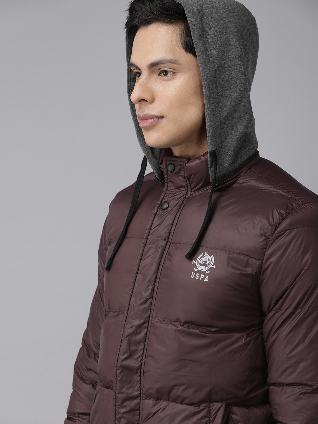 

U S Polo Assn Men Wine-Coloured Solid Padded Jacket with Detachable Hood, Burgundy