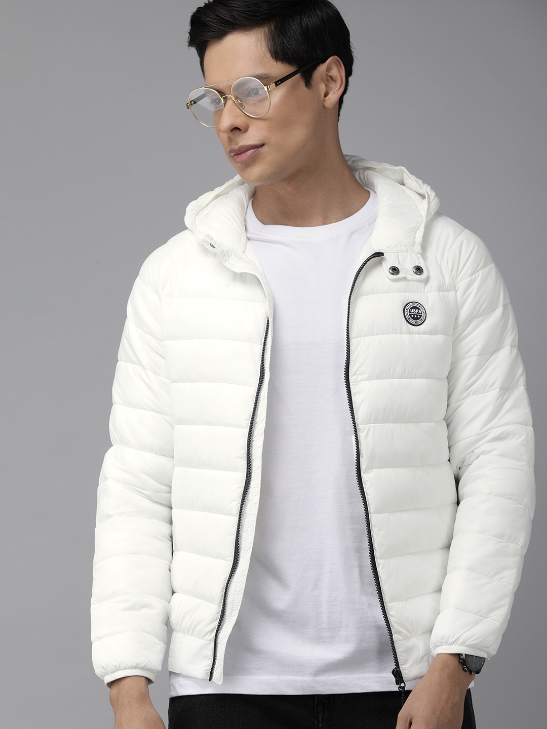 

U S Polo Assn Men White Solid Hooded Bomber Jacket