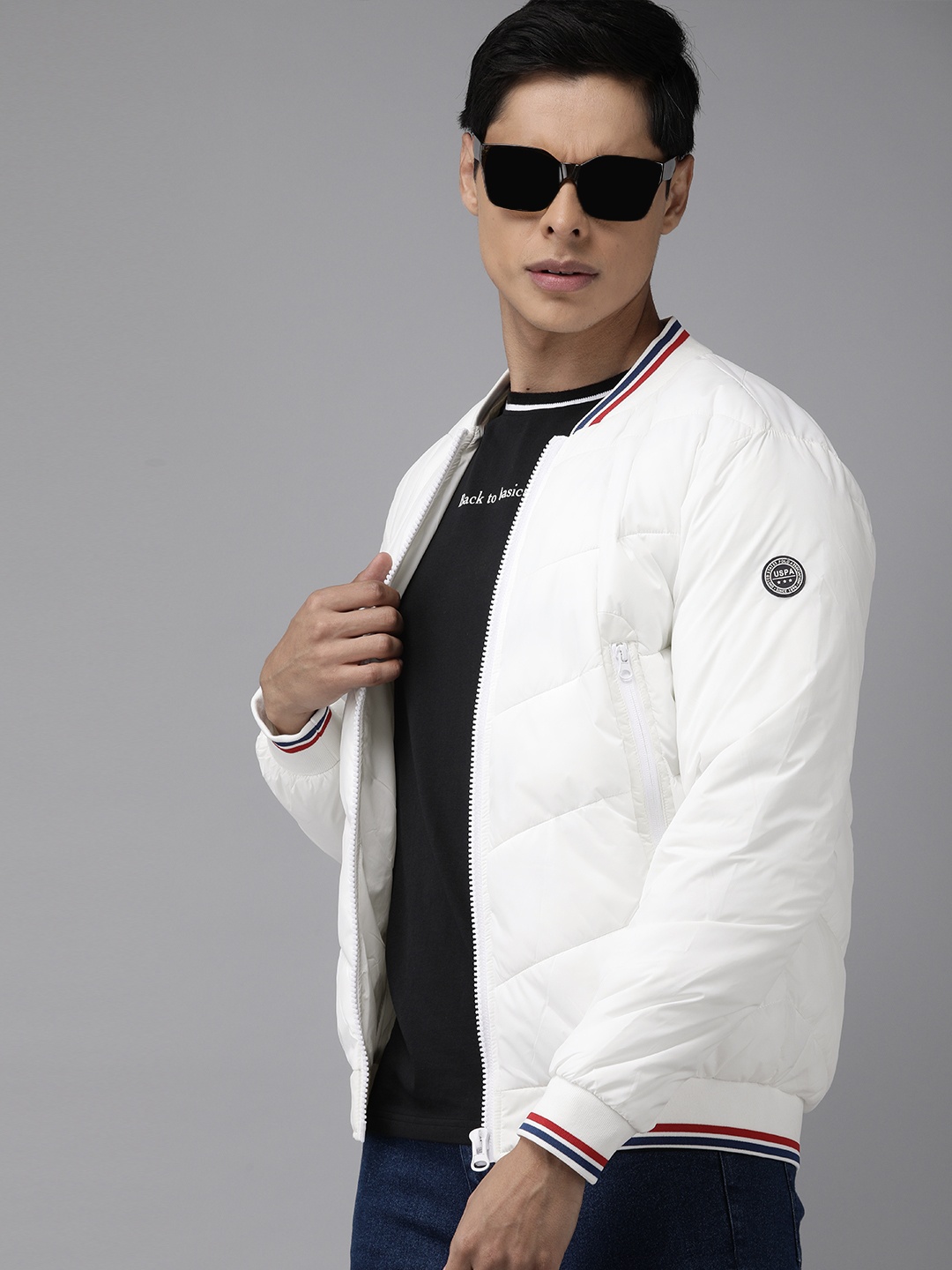 

U S Polo Assn Men White Solid Bomber Jacket