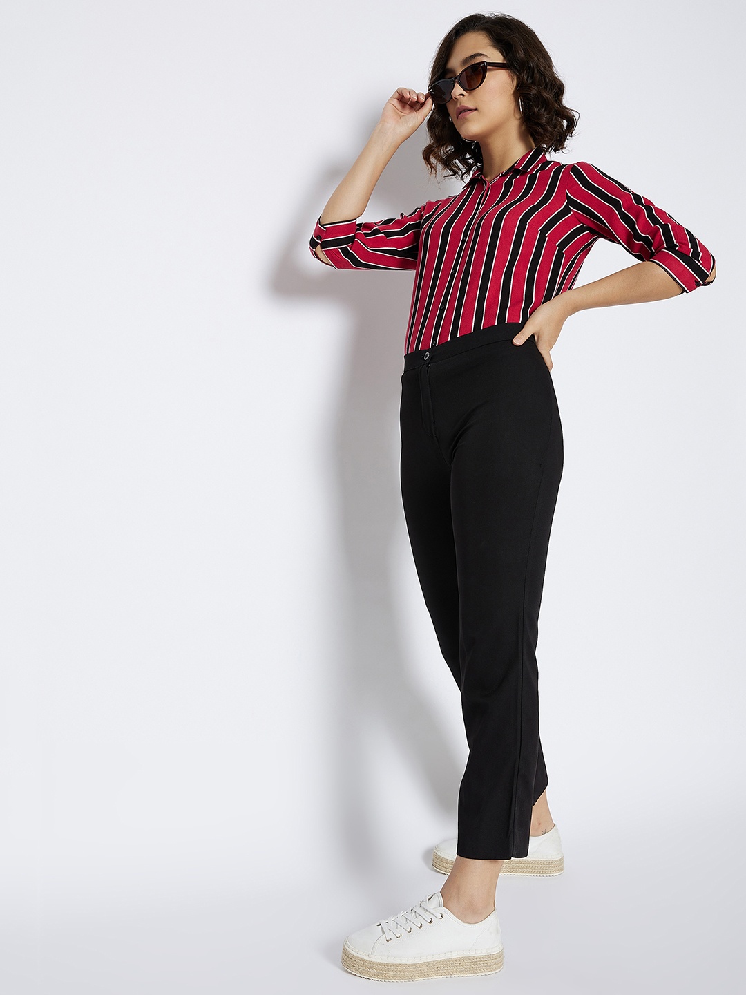 

Crimsoune Club Women Pink & Black Slim Fit Striped Casual Shirt