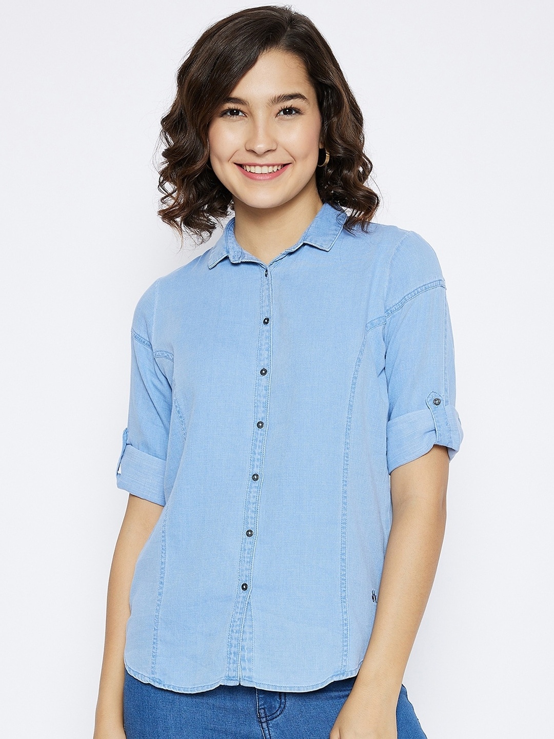 

Crimsoune Club Women Blue Slim Fit Cotton Denim Shirt