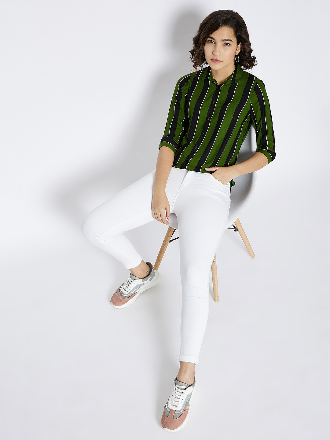 

Crimsoune Club Women Green & Black Slim Fit Striped Casual Shirt