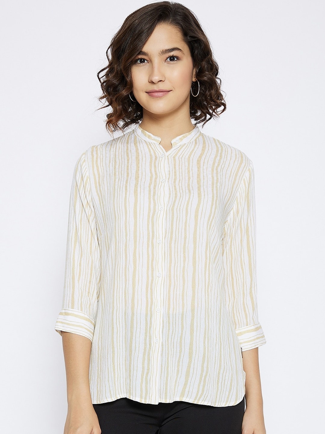 

Crimsoune Club Women Beige & White Slim Fit Striped Casual Shirt