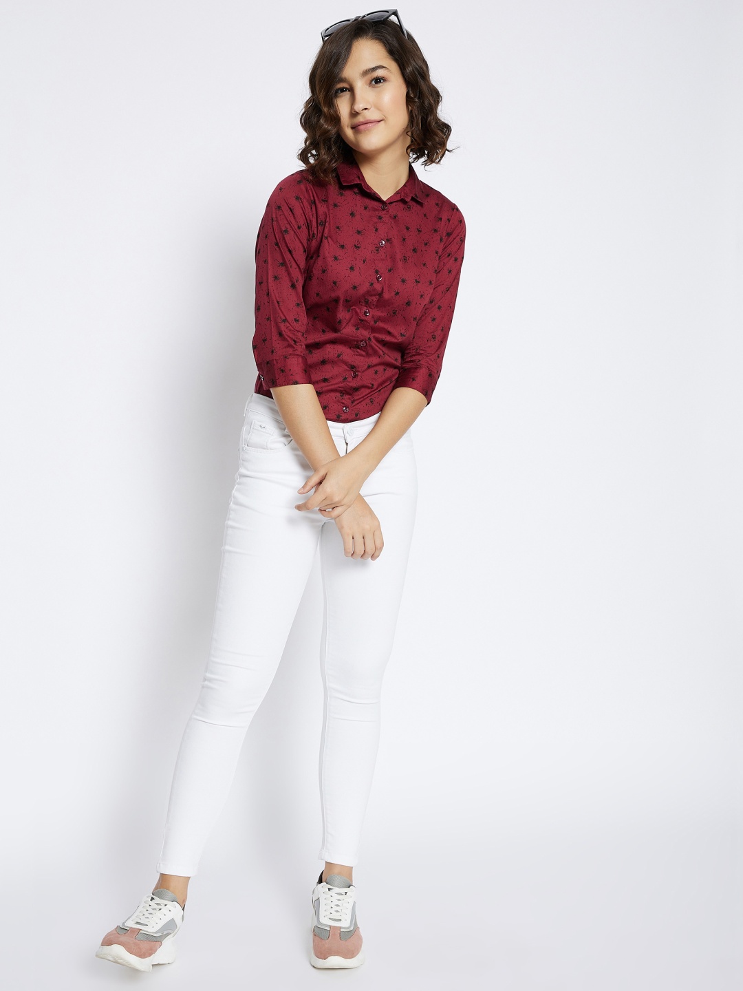 

Crimsoune Club Women Maroon Slim Fit Printed Cotton Casual Shirt