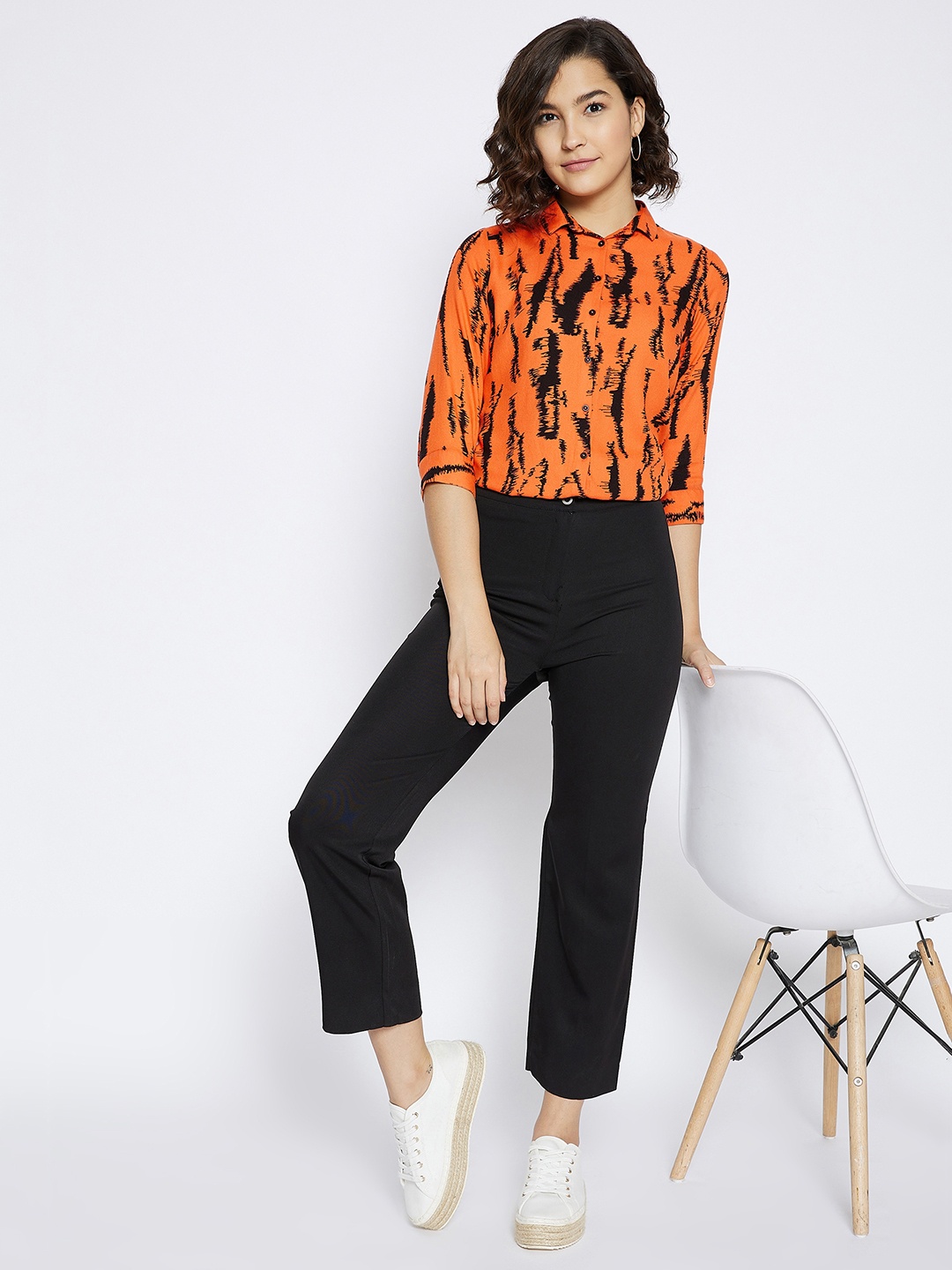 

Crimsoune Club Women Orange & Black Slim Fit Printed Casual Shirt