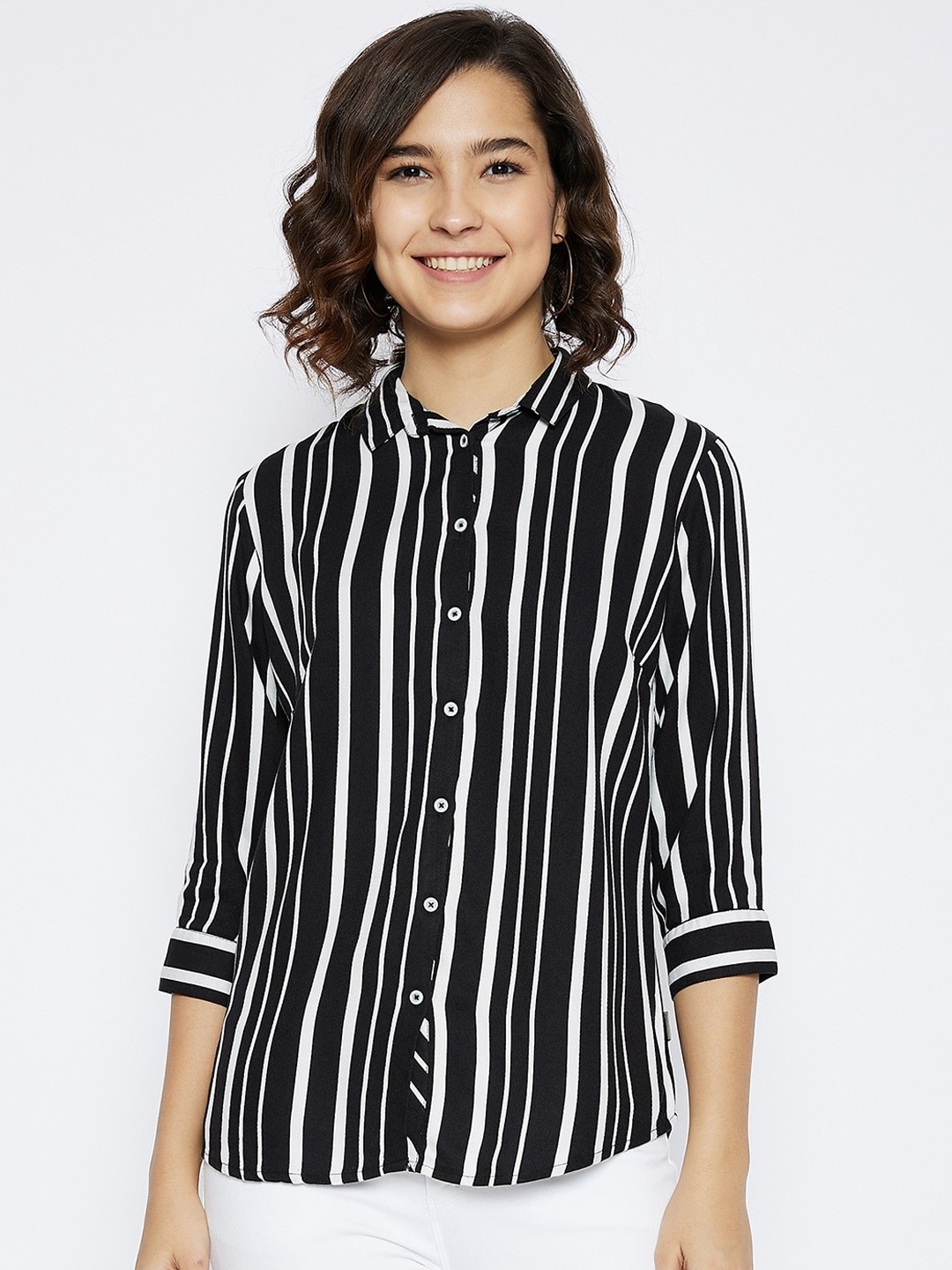 

Crimsoune Club Women Black & White Slim Fit Striped Casual Shirt