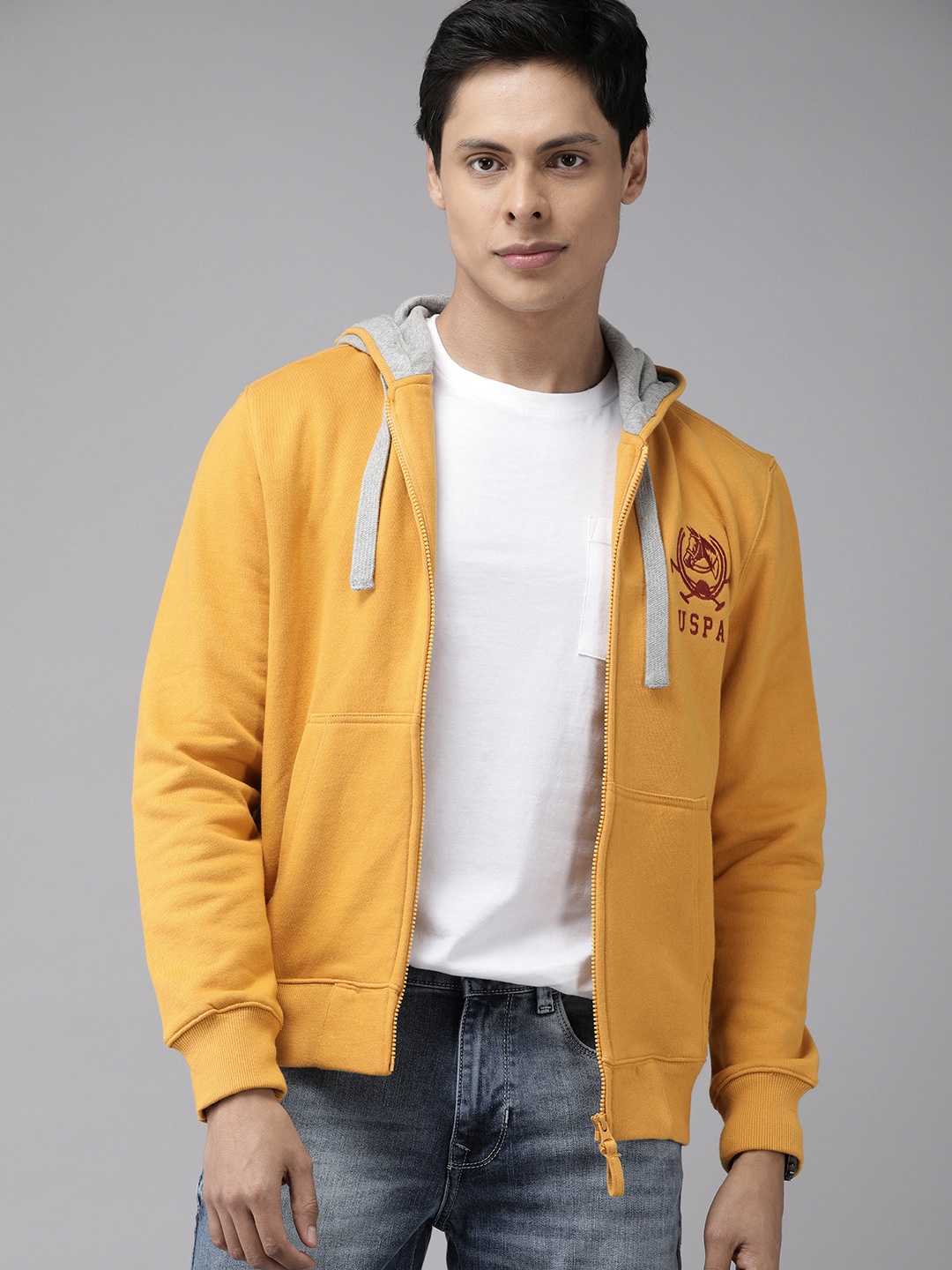 

U.S. Polo Assn. Men Mustard Yellow Solid Hooded Pure Cotton Sweatshirt