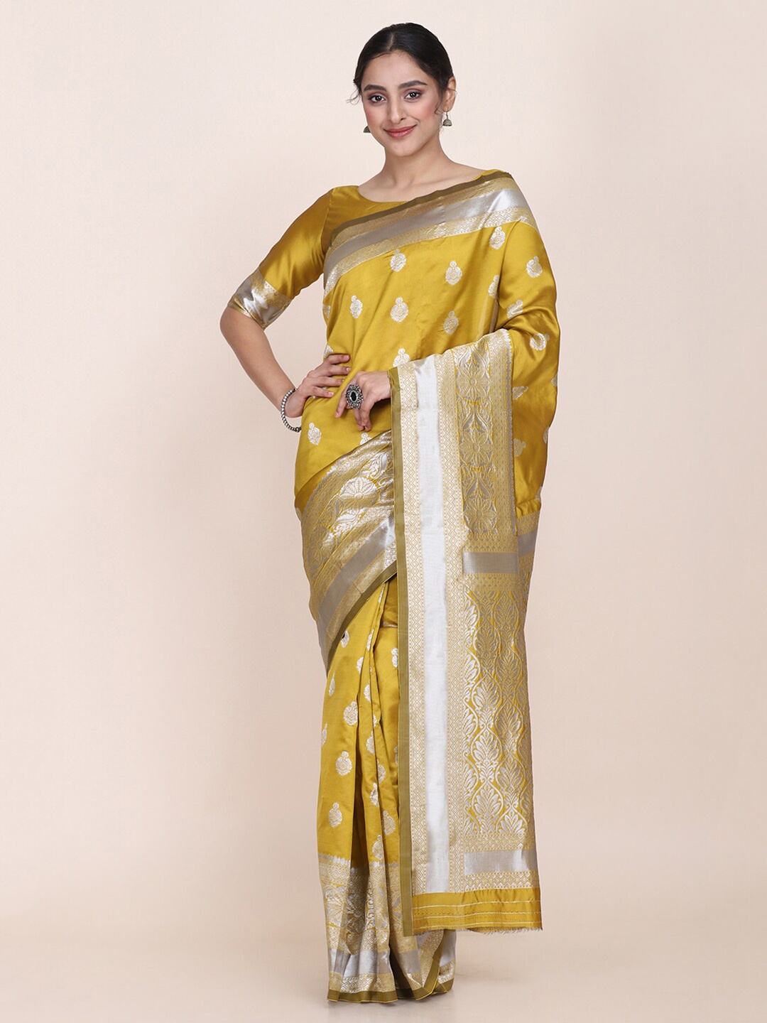 

Shaily Mustard Yellow & Silver-Toned Ethnic Motifs Zari Saree