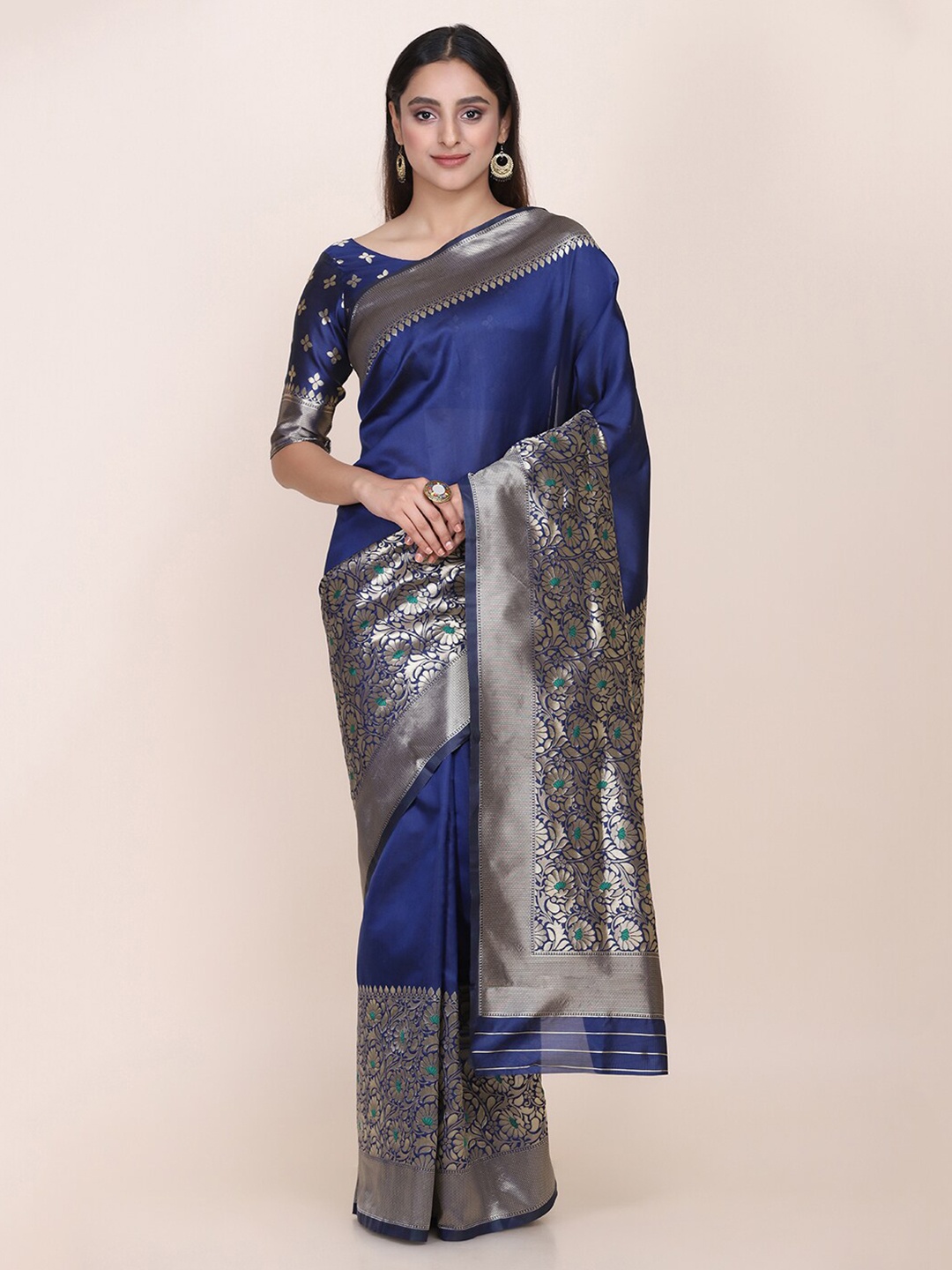 

Shaily Navy Blue & Silver Coloured Floral Woven Design Zari Silk Blend Saree