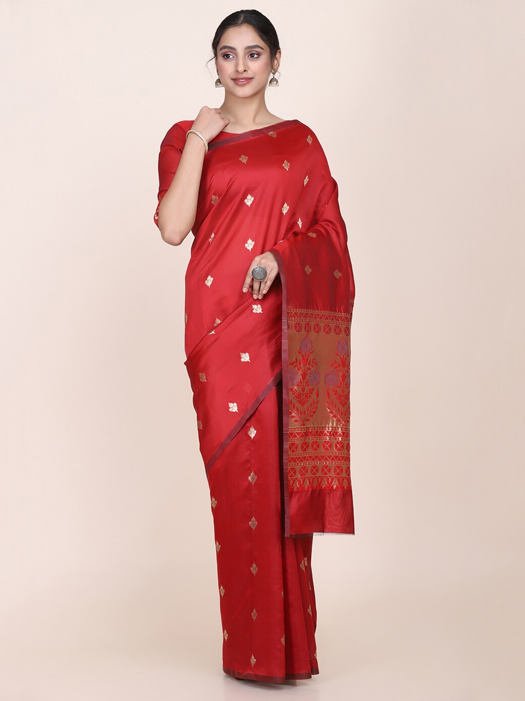 

Shaily Red & Gold-Coloured Ethnic Motifs Zari Woven Design Silk Blend Saree