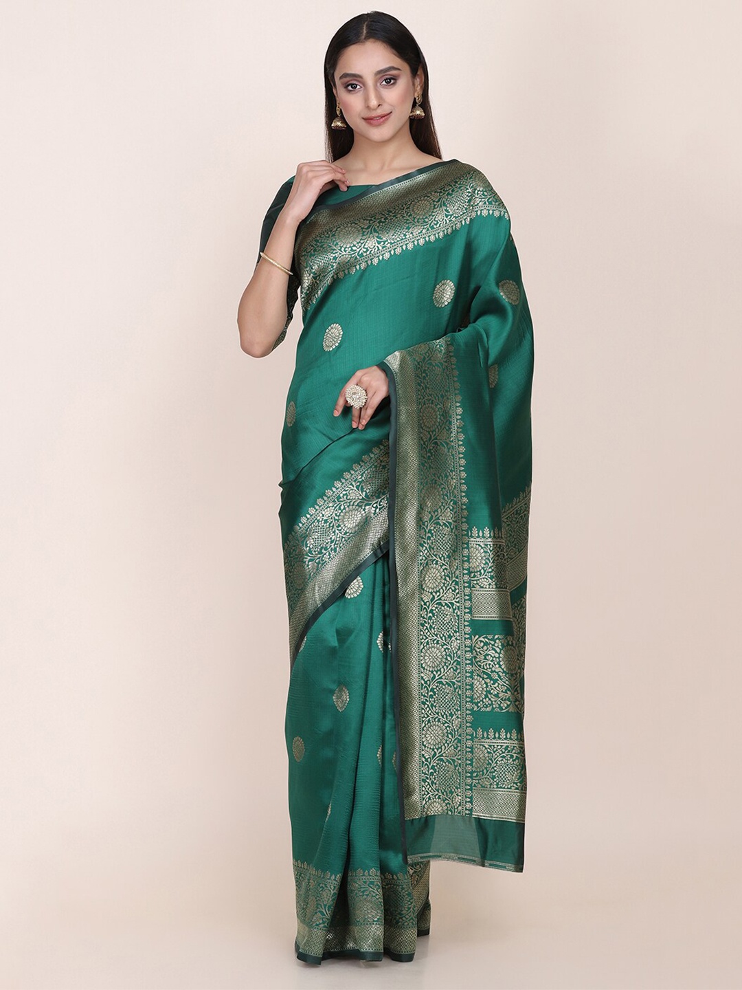 

Shaily Teal Green & Gold-Toned Floral Zari Saree