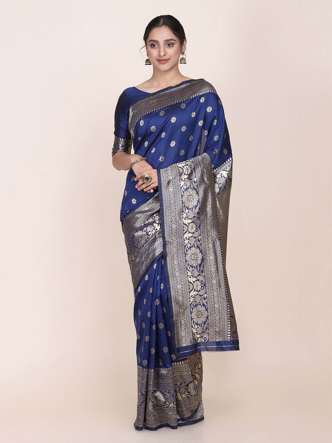 

Shaily Navy Blue & Gold-Toned Woven Design Silk Blend Saree