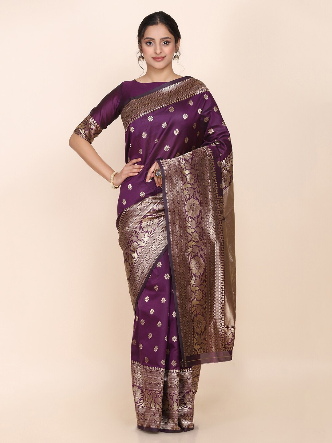 

Shaily Purple & Gold-Toned Floral Zari Saree