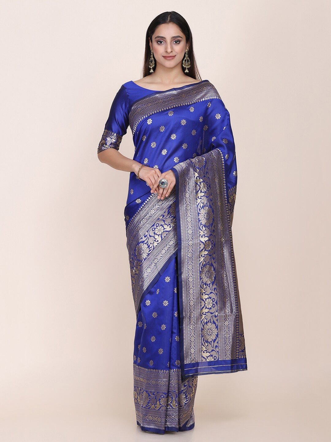 

Shaily Blue & Gold-Coloured Ethnic Motifs Zari Woven Design Silk Blend Saree