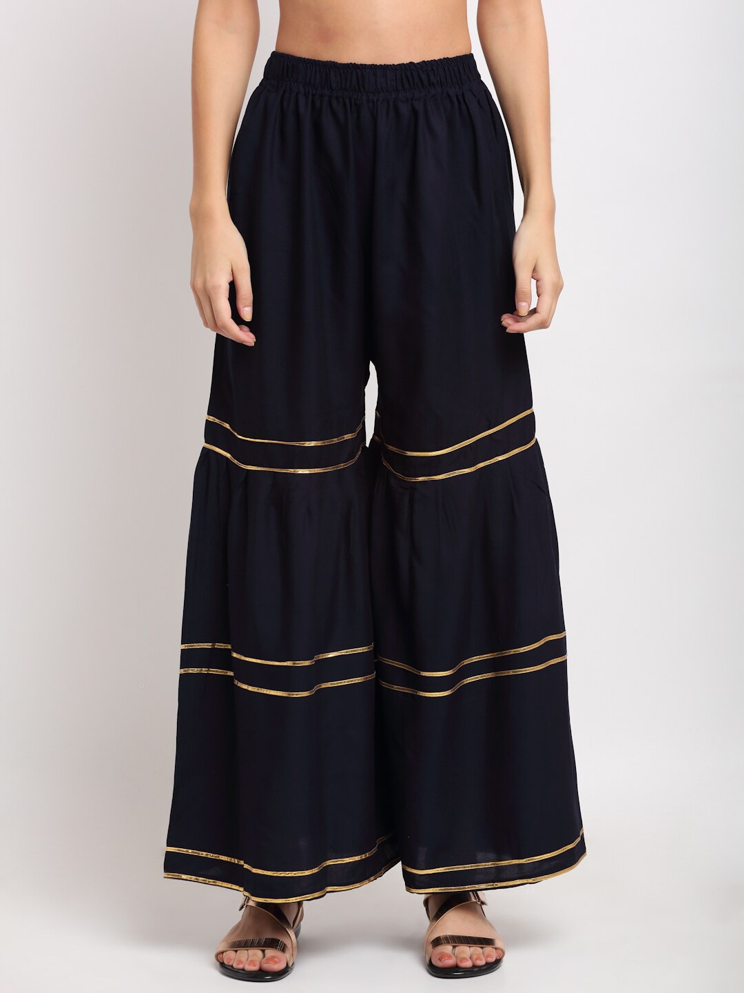 

NEUDIS Women Navy Blue & Gold Gotta Patti Work Flared Ethnic Palazzos