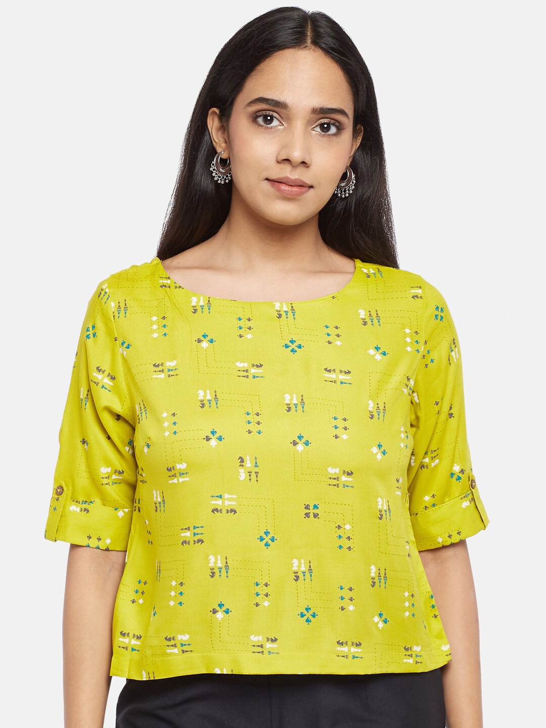 

AKKRITI BY PANTALOONS Lime Green Geometric Regular Top