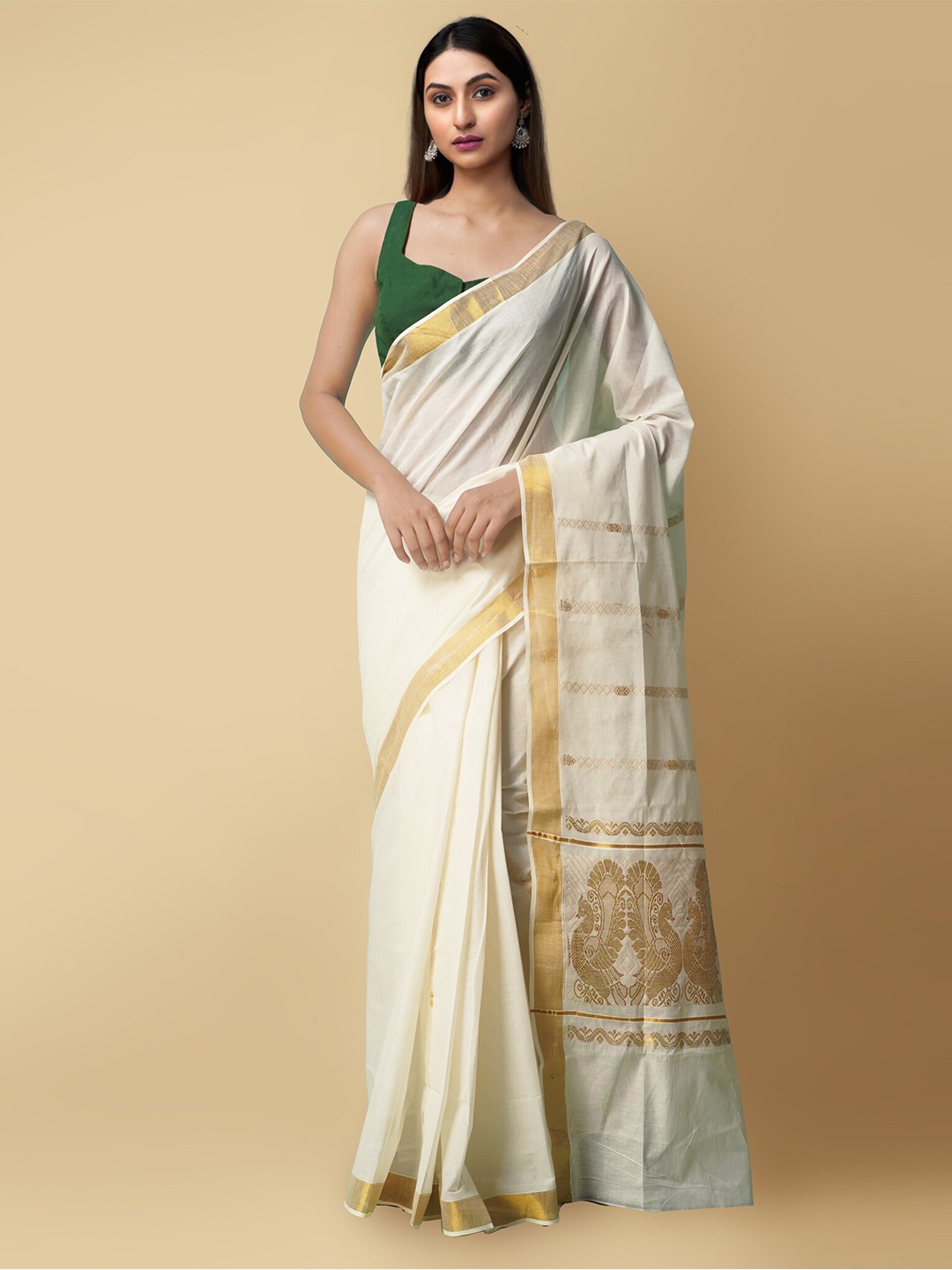 

Unnati Silks Cream-Coloured & Gold-Coloured Ethnic Motifs Zari Pure Cotton Kasavu Saree