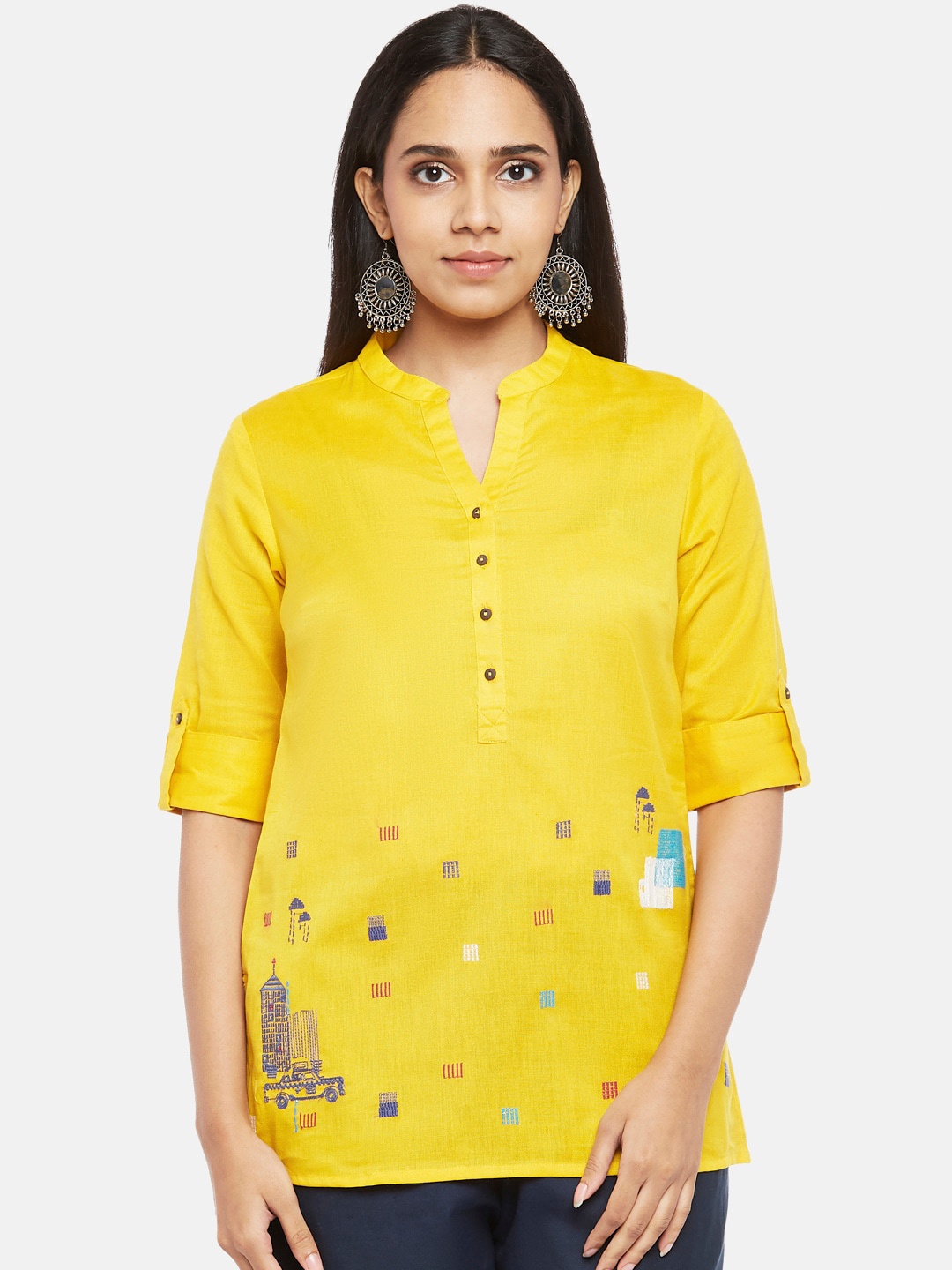 

AKKRITI BY PANTALOONS Women Pure Cotton Mustard Embroidered Tunic