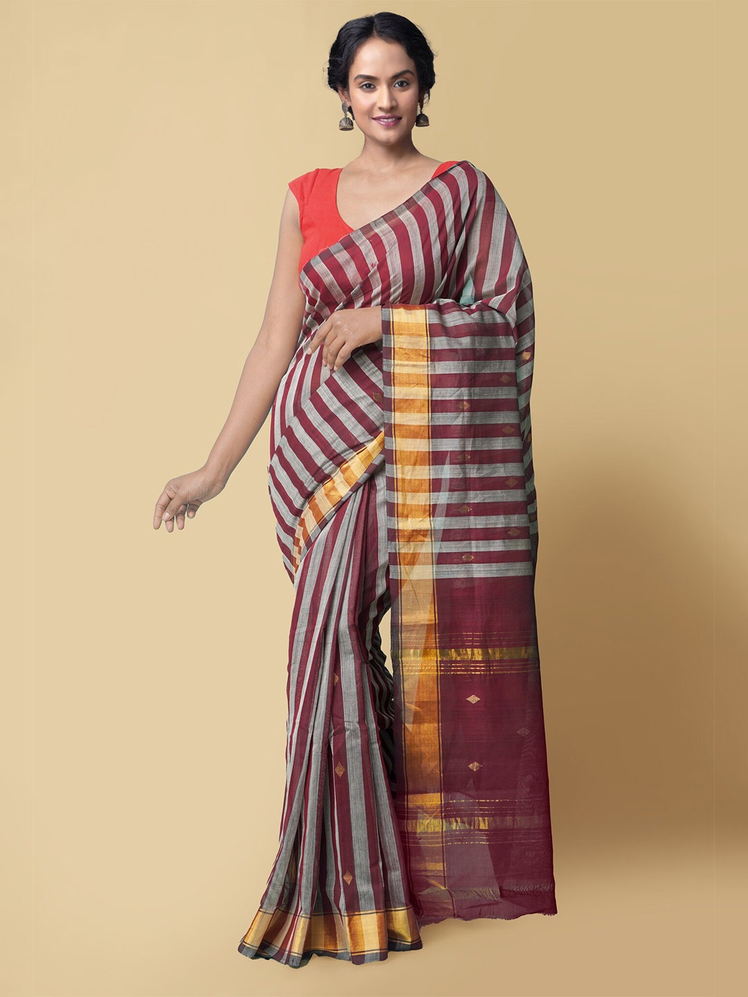 

Unnati Silks Red & Grey Woven Design Pure Handloom Art Silk Patola Saree