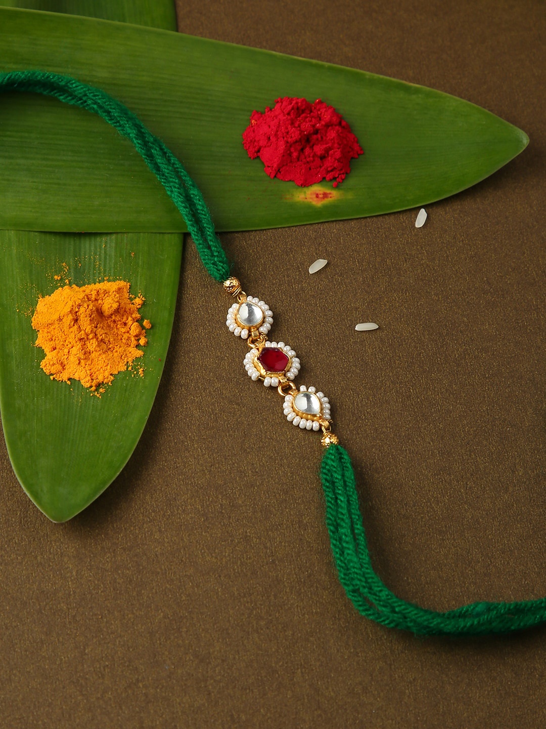 

justpeachy Men Green & White Kundan-Studded & Beaded Rakhi With Roli & Akshada