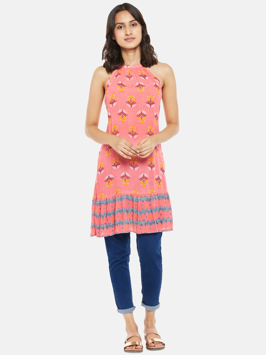 

People Women Coral & Yellow Halter Neck Printed Tunic