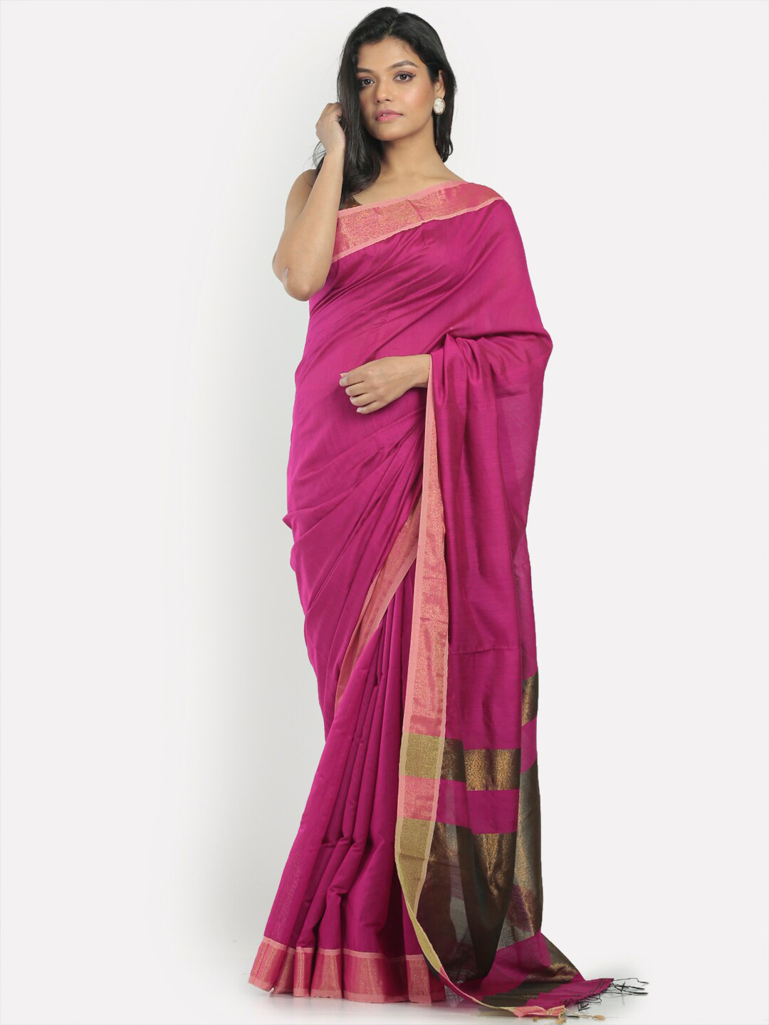 

Aryavart Fuchsia & Gold Zari Detail Saree