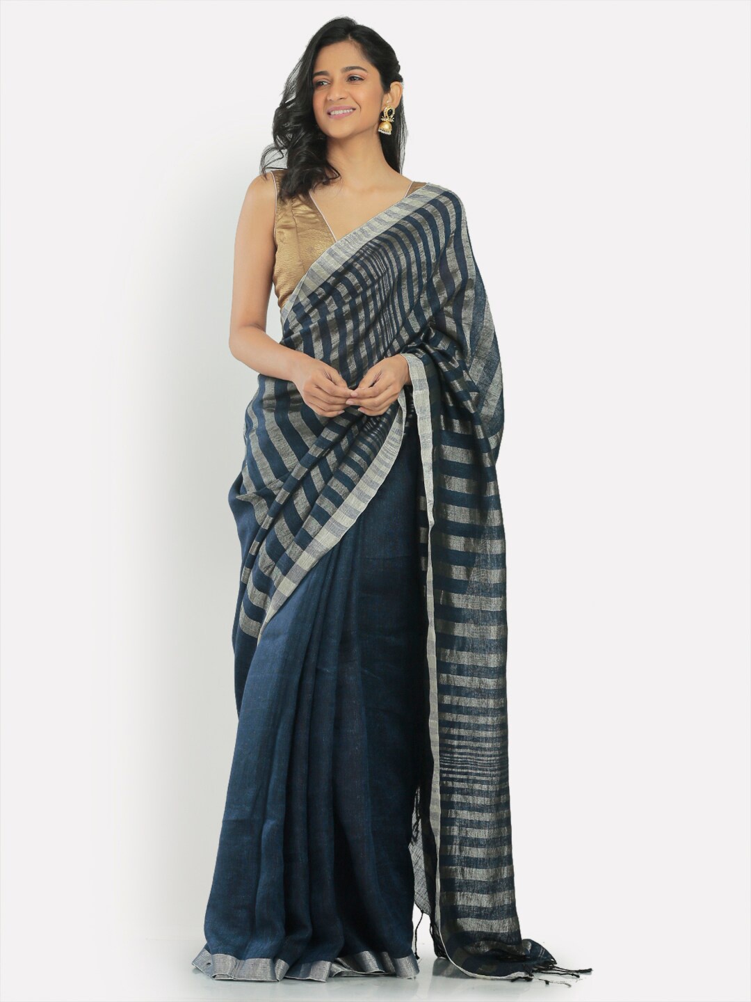 

Aryavart Women Navy Blue & Silver Zari Striped Saree