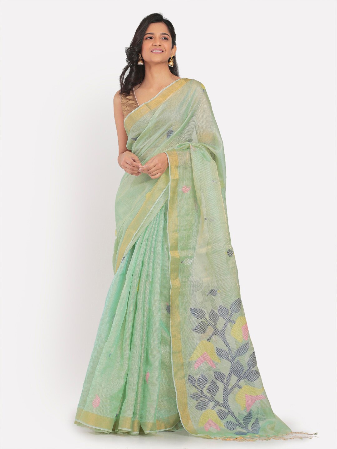 

Aryavart Sea Green & Pink Woven Design Zari Pure Silk Tussar Saree