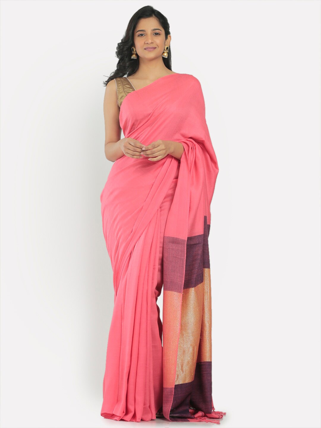 

Aryavart Women Pink & Maroon Pure Cotton Solid Woven Designed Saree