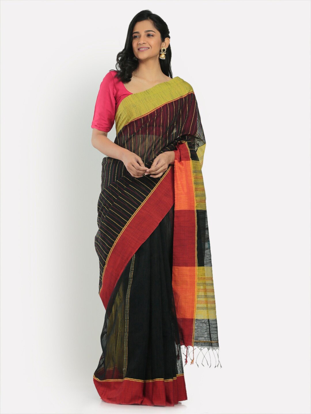 

Aryavart Black & Green Woven Design Striped Saree with Contrasting Pallu