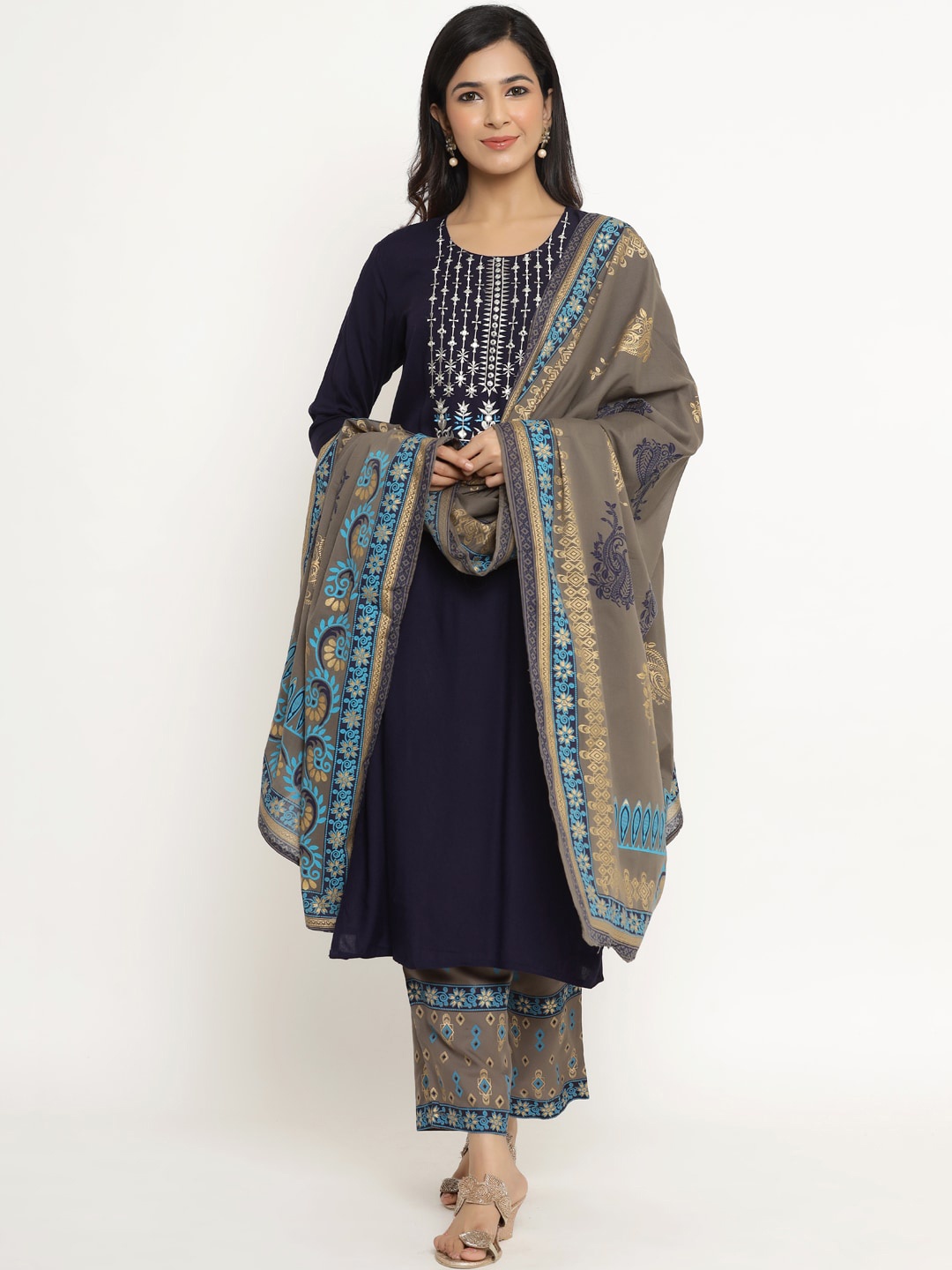 

DIVYANK Women Navy Blue Ethnic Motifs Yoke Design Kurta with Palazzos & Dupatta