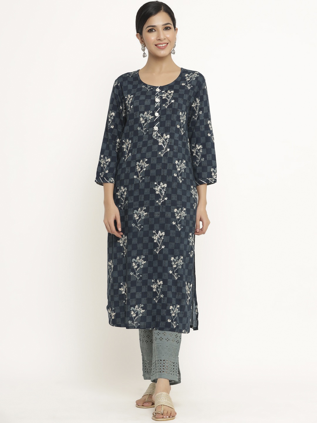 

DIVYANK Women Teal Blue Floral Printed Regular Sequinned Kurta with Trousers
