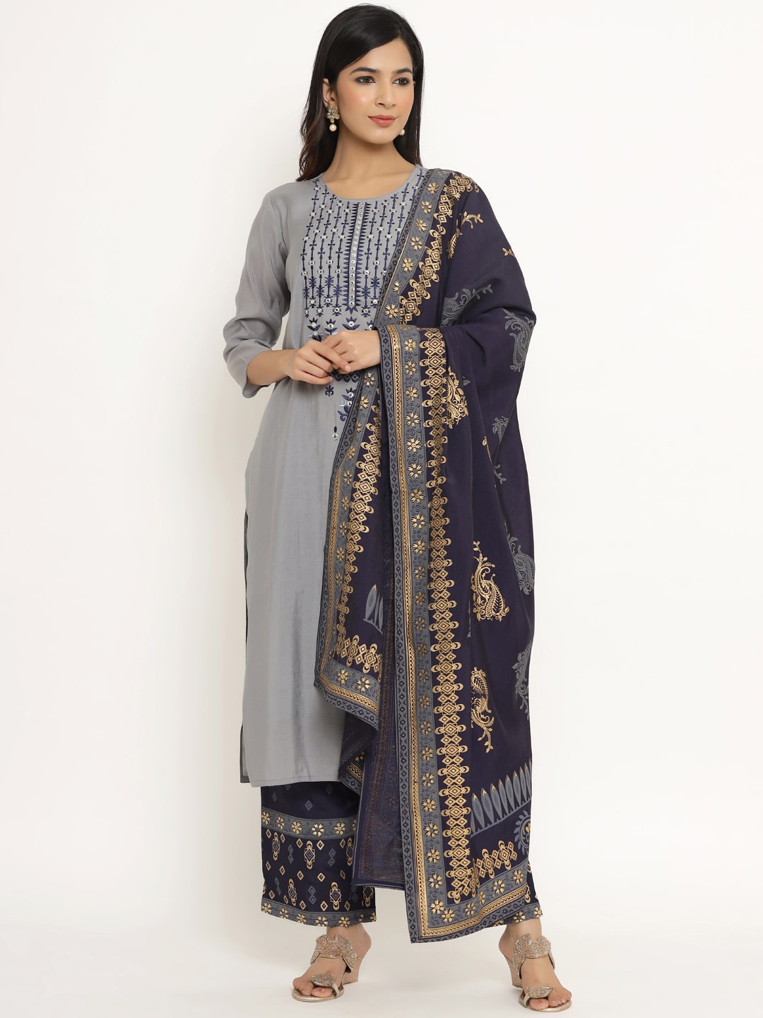 

DIVYANK Women Grey && Navy Blue Ethnic Motifs Yoke Design Kurta with Trousers & Dupatta