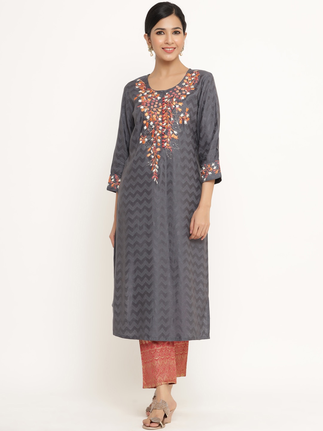

DIVYANK Women Grey & Coral Ethnic Motifs Yoke Design Regular Kurta with Trousers