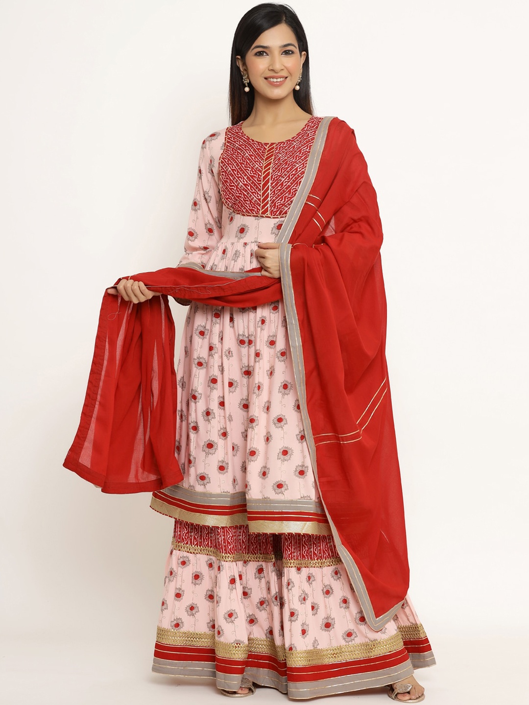 

DIVYANK Women Pink & Red Ethnic Motifs Printed Pleated Kurta with Sharara & Dupatta
